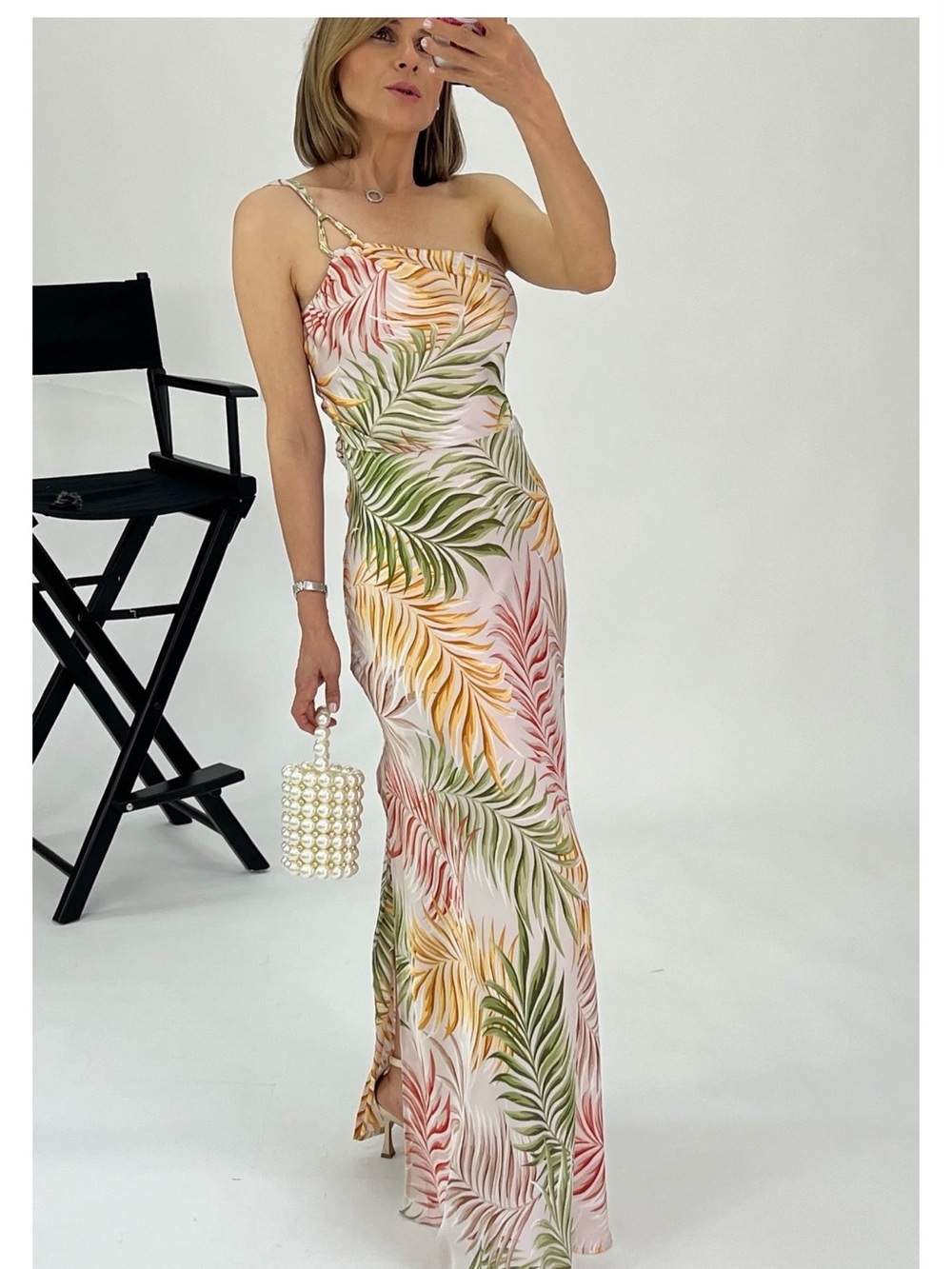 One-Shoulder Tropical Leaf Maxi Dress in Pink, Green & Gold Tones - Picture 2 of 8